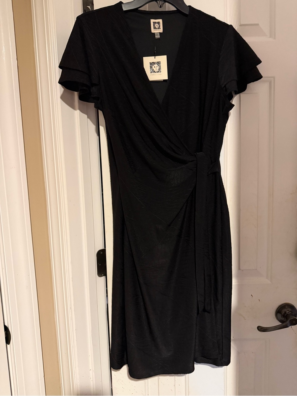 Anne Klein Black Wrap Midi Dress with Flutter Sleeves